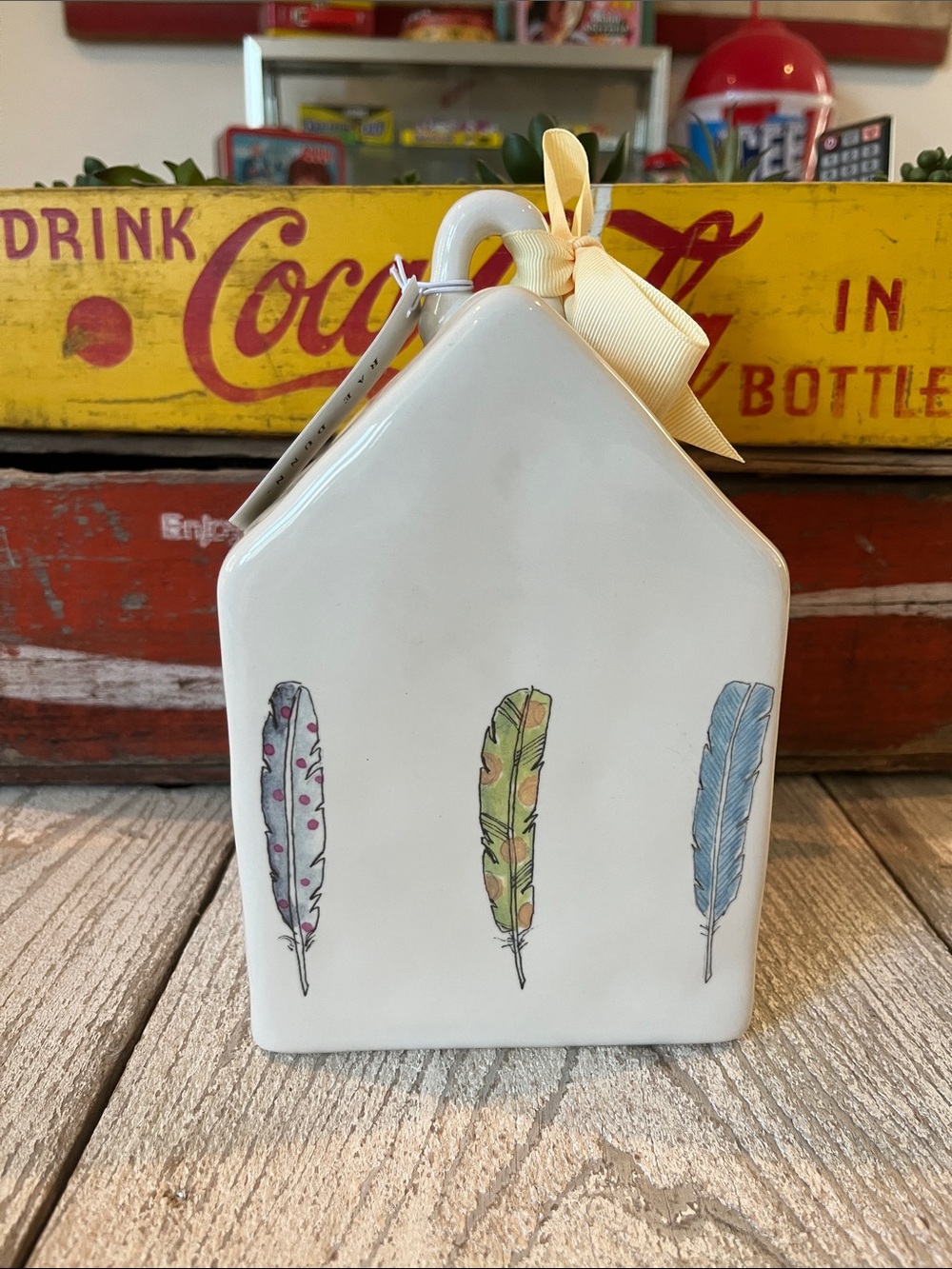 NWT - Rae Dunn Ceramic Birdhouse with Colorful Feather Motif from 2018 - Picture 3 of 8